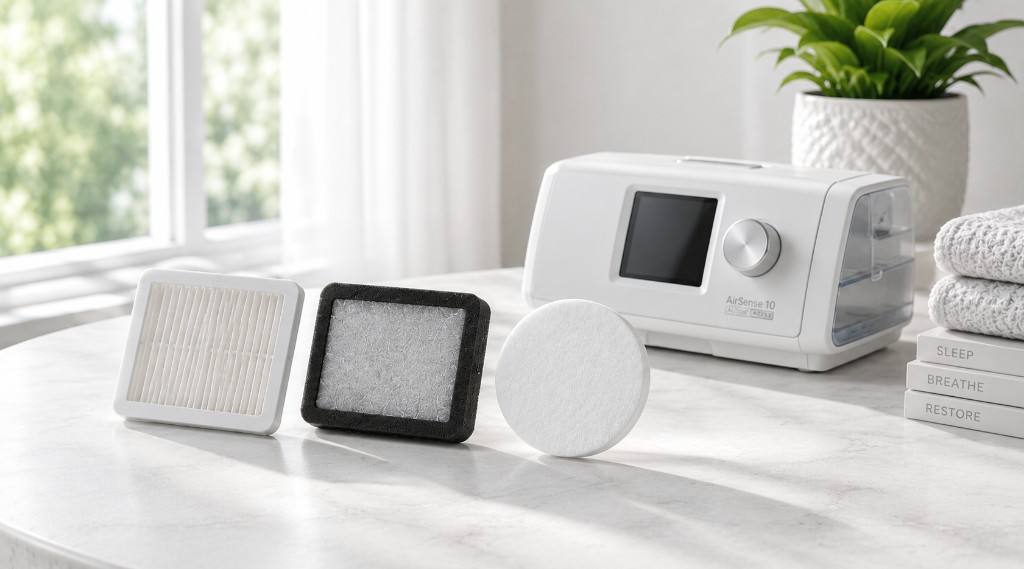 CPAP filters on a marble surface with a therapy machine and plant in the background