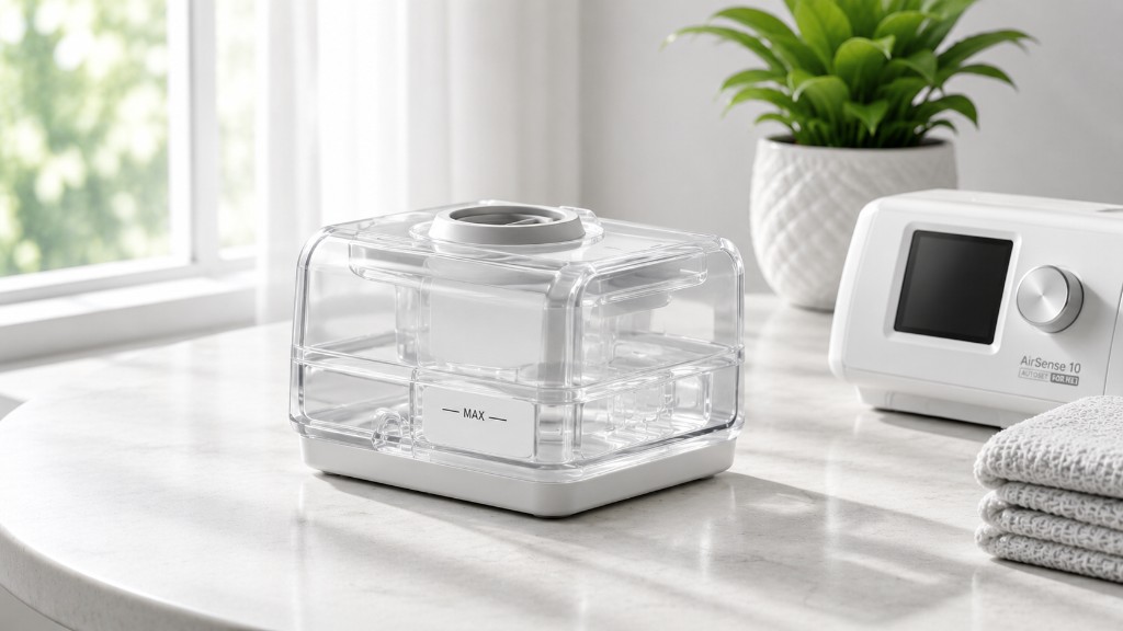 CPAP humidifier chamber on a marble surface with a plant and therapy machine in the background