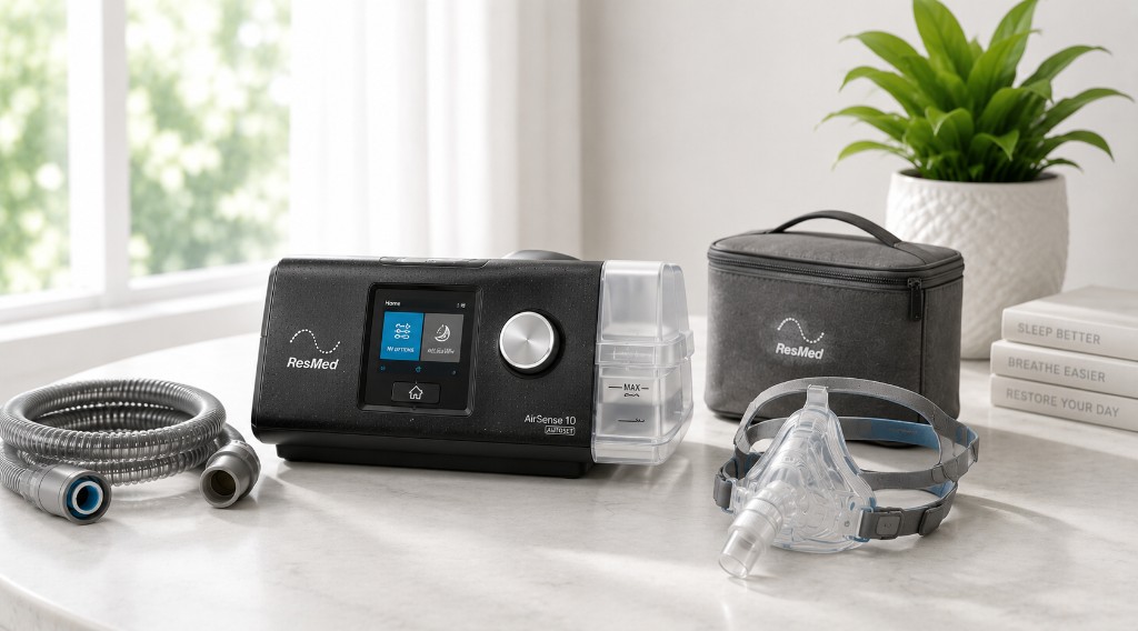 CPAP machine with mask, tubing, and travel case on a marble surface