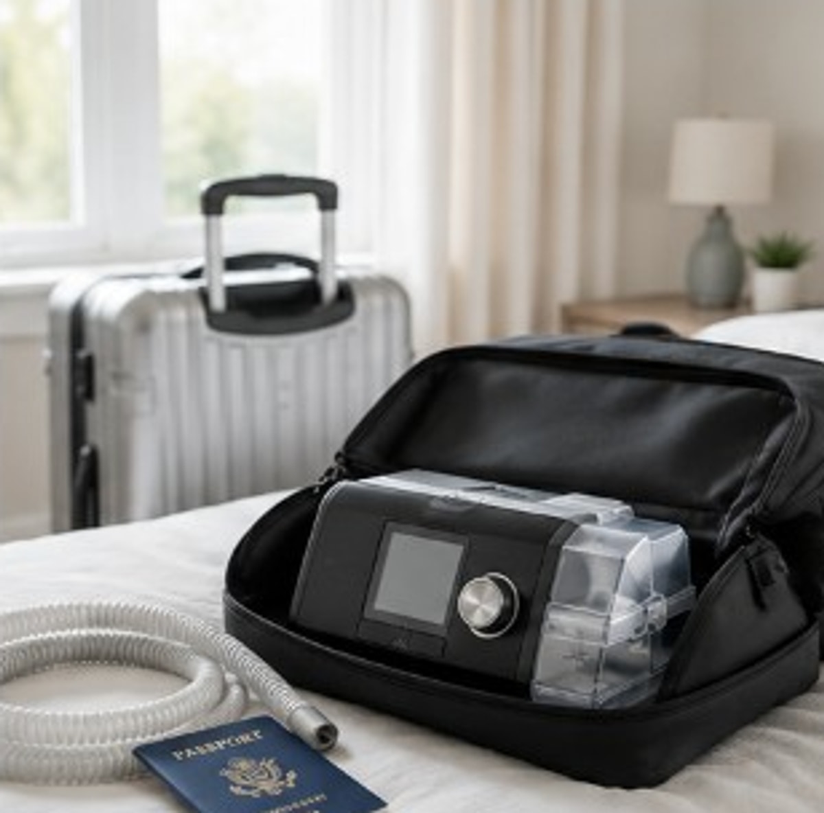 CPAP machine packed in a travel case on a bed with tubing, a passport, and a suitcase nearby